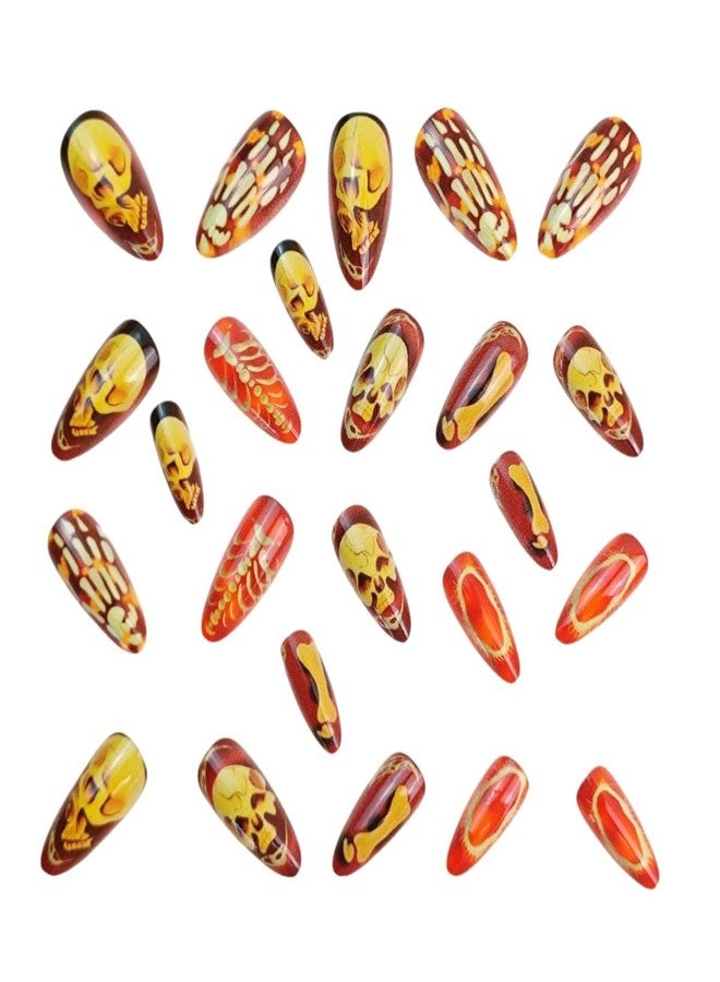 OCOUYVD Halloween Press-on Nails Brown Glossy Fake Nails Gothic Skull Hand Bone Design Full Cover Acrylic Nails Short Almond Shaped False Nails for Women 24 Pcs - Image 5